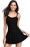 SHEKINI Damen Retro Einteiliger Badeanzug Badeanzugkleid Elegant Badekleid Ruched Bauchweg Verstellbar Schwimmrock Grosse Grösse Schwimmkleid (Large, Schwarz)