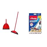 Vileda Superfeger Classic Besen mit 3-TLG Stiel&Superfeger Classic Kehrset & Schaufel & Ultramax Power Wischer Nachfüllpack, Mikrofaser, Blanc/Rouge Nachfüllpackung für Flachbesen, weiß/rot, 2 Stück