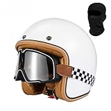 Retro-Jet-Motorradhelm, 3/4-Jethelm mit Schutzbrille, Halbhelm for Erwachsene, leicht, ECE/DOT-zugelassen, herausnehmbares Innenfutter, for Moped-Roller(White A,XL(61~62cm))