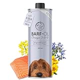 Barf Öl für Hunde 500ml Barföl mit Omega 3-6-9 aus: Lachsöl, Rapsöl, Hanfsamenöl & Borretschöl - Futteröl für Hund als Futter Topping (Barf Zusatz)