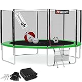 Hop-Sport Trampolin Outdoor Ø 430 cm – Gartentrampolin Komplettset mit stabilen U-Beinen, außenliegendem Netz, Sprungtuch und Leiter sowie Extra-Zubehör, grün