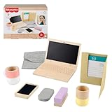 Fisher-Price Homeoffice-Set aus Holz für Kindergartenkinder, 9 Zubehörteile mit Holz-Laptop und -Telefon für Rollenspiele, für Kinder ab 3 Jahren, HXV11