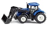 Siku 1396, New Holland Traktor mit Frontlader, Metall/Kunststoff, Blau/Schwarz, Beweglicher Frontlader, Anhängerkupplung