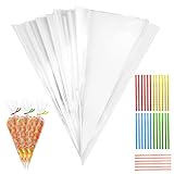 100 Stück Süßigkeiten Tüten, 25x13cm Candy Bar Tüten Spitztüten Transparent Cellophantüten mit 100 Twist Ties Geschenktüten für Schokolade Bonbons Kekse Hochzeit Kommunion Taufe