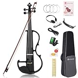 Vangoa 4/4 Elektrische Violine E Geige aus Massivem Holz Electric Stille Violine in Volle Größe mit Kolophonium, Tragetasche, Audiokabel, Schulterstütze, Bogen, Schwarz