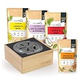 VapoWesp Räucherbox gegen Wespen Komplett-Set | Inkl. je 100g Apple & Mint, Lemon & Basil, Hay Flowers & Thyme und 50g Orange & Rosemary | Aromatisiere den Kaffeerauch mit dem VapoPulver