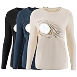 Love2Mi 3er Pack Damen Stillshirt Gerippte Langarm stilltops Doppellagige Umstandsmode Tshirt Umstandskleidung