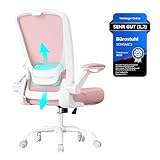 SONGMICS Bürostuhl ergonomisch, Drehstuhl mit Mesh, Lendenstütze, Wippfunktion, 53 cm große Sitzfläche, klappbare Armlehnen, Arbeits- und Schlafzimmer, Studenten, pastellrosa OBN037R01