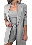 Sexy Business-Outfits für Damen, 3-teilig, vorne offener Blazer + Crop Tops + Gürtel Shorts Set Jumpsuits, grau, Large