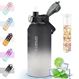 MOMSIV Trinkflasche 2L, 2 Liter Große Sport Wasserflasche mit Strohhalm und Früchtebehälter und Zeitmarkierungen, Auslaufsicher BPA-Frei Sportflasche für Fitness, Camping, Outdoor, Yoga, Schwarz Grau