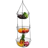 Sysow Obstkorb hängend mit Haken 3 Etagen, Hänge-Regal Hänge-Etagere Höhe individuell einstellbar, die Küchenampel zum Hängen im Landhaus-Stil,Eisenkörbe Obst Hängekorb für Küche Restaurants