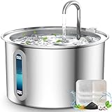 oneisall Katzenbrunnen Edelstahl, 2L Trinkbrunnen für Katze, Super leise Katzen Trinkbrunnen mit Wasserstandsfenster, Wasserbrunnen für Katze, 3 Aktivkohlefilter, LED Licht, Spülmaschinenfest