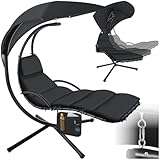 tectake® Hängeliege mit Gestell, Schwebeliege, Schwingliege mit Sonnendach, Schaukelliege, Hängesessel inkl. Tasche, Polsterauflage mit Kopfkissen, für Garten, Terrasse und Balkon - schwarz
