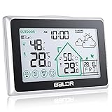 BALDR Wetterstation Funk mit Außensensor, Digital DCF-Funkuhr Innen und Außen Thermometer Hygrometer mit Wettervorhersage, Funkthermometer mit Batteriebetrieben Wetterstation