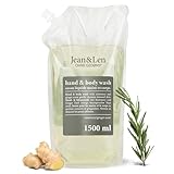 Jean & Len Hand & Body Wash Rosemary und Ginger im Nachfüllbeutel, reinigt und pflegt die Haut, würzig-frischer Duft, Flüssigseife im Nachfüllpack, ohne Silikone, Parabene & Mikroplastik, 1,5L