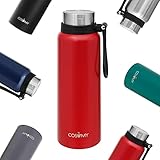 Cosumy Thermosflasche mit Filter 1l - Doppelwandiger Edelstahl - Auslaufsicher - Kohlensäure geeignet - Ideal für Unterwegs - Rot