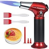 Flintronic Küchenbrenne Flambierbrenner, Nachfüllbar Butan Gasbrenner mit 3 Düse, 2 Silikonbürsten, Lötbrenner mit Sicherheitsschloss für Creme Brulee, Kochen, BBQ, Camping(Butan Inbegriffen Nicht)Rot