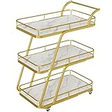 BAHOJAS Barwagen mit Rädern aus Marmorimitat – luxuriöser minimalistischer Stil – 3 Schichten – Servierwagen mit großer Kapazität – Geburtstagsparty – Weiß + Gold