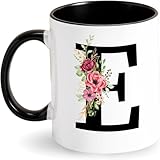 Personalisierte Tasse Buchstabe Kaffeetasse - Alphabet Keramiktasse - Tasse mit Blumen Initial - Schwarz Anfangsbuchstaben Tasse Geschenke für Freund Kollegin Frauen Geburtstag Muttertagsgeschenk(E)