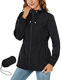 Rapbin Regenjacke Damen Wasserdicht Atmungsaktiv Leicht Outdoorjacke Windbreaker Packable Regenmantel mit Kapuze Grosse Groessen Schwarz M