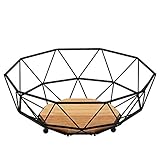Rubberneck Obstkorb mit Holzboden aus Metall in Schwarz - Moderne Obstschale mit Holz Einsatz für Küche und Wohnzimmer