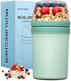 Müslibecher to Go 600ml+270ml,Joghurtbecher to Go Kinder mit Löffel,Müsli Cup to Go Becher,Cornflakes to Go,Müslibecher Müslidose Müslischale Frühstücksdose Müslibox,Joghurt Box to Go (Nordic Grün)