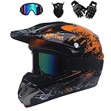 UIGJIOG Motorradhelm,Motocross Helm,Helm Kinder,Helmets Kinder-Cross-Helm, Road Helm mit Handschuhe Maske Brille, ATV Helm,Orange,L(56~57cm)