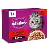 Whiskas 1+ Katzennassfutter Klassische Auswahl in Sauce, 12x85g (4 Packungen) – Hochwertiges Nassfutter für ausgewachsene Katzen in 48 Portionsbeuteln