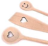 Balna Kochlöffel Set Holzkochlöffel Kochlöffel Holz Herz, Geschenk ideal für Hochzeit Valentinstag Geburtstag Verliebte Küchenset: 2 Holzlöffel + 1 Pfannenwender Buchenholz 30 cm