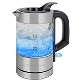 ProfiCook Wasserkocher Glas Edelstahl mit LED Beleuchtung | hitzebeständiger Glaswasserkocher Edelstahl mit Einhandbedienung | mit Wasserstandanzeige | 0,5 Liter Teekocher | 1100 Watt | PC-WKS 1228