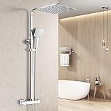 Heilmetz® Duschsystem mit Thermostat Regendusche Duschset, 304 Edelstahl Duschsäule mit Kopfbrause und Handbrause, Eckig 30x30cm Regenbrause Verstellbarer Duschstange 800-1180mm Chrom