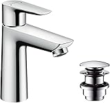 hansgrohe Waschtischarmatur Talis E, Wasserhahn Bad mit Auslauf Höhe 110 mm, mit Push-Open Ablaufgarnitur, Badarmatur wassersparend, Chrom