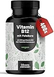 Vitamin B12 hochdosiert - 400 Tabletten mit 500µg Vit B12 + 200µg Folsäure - zertifiziert Laborgeprüft - Vegan & Produziert in Deutschland