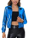 Allegra K Damen Trainingsjacke Holographisch Glänzend Langarm Metallic Jacke Reißverschluss vorne, blau, 42