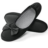 OFFCUP Damen Ballerina Hausschuhe Hausschuhe Loafer Pantoffeln mit Elegant Schleife und Memory Foam Gemütlich Leicht Hausschuhe mit Anti-Rutsch Weiche Gummisohle, Schwarz , Large