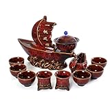 fanquare Halbautomatisches Teeservice Segelboot Alles Geht Glatt Rot Faules Chinesisches Kungfu Teeservice 11-teilig Traditionelle Teekanne Teetassenset Porzellan Tee Set für Erwachsene Geschenk