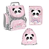 PASO- Schulranzen für Jungen und Mädchen, 4er-Set - Schul-Rucksack für Kinder mit Federmäppchen - Schuhbeutel und Hausaufgabenheft - Panda Motiv- 1-3 Klasse