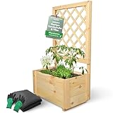 holz4home® Pflanzkasten mit Rankgitter S aus Kiefernholz I 34x58x104 cm I inkl. Gartenhandschuhe & Vlies I Pflanzkübel mit Spalier I Hochbeet für Balkon als Sichtschutz I Blumenkasten