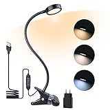 LED Leselampe klemmleuchte bett 3-Stufen Farbtemperatur 10 Helligkeit klemmlampe mit stecker dimmbar, 360 Flexibler Schwanenhals Clip Tischlampe, 5W Augenschutz Schreibtischlampe fr Kinder.(Schwarz）