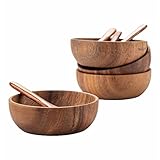 muso wood Holz Snackschale Dipschalen Set - massives Akazienholz Snackteller - 10x3.8cm 4 Stück Servierschalen Set - für Beilagen, Nüssen usw. - Bonus 4 kostenlose Löffel