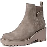 Mostrin Chelsea-Stiefel für Damen, Plateau-Stiefeletten, klobige Lug-Sohle, Schlupfstiefel, elastische Herbststiefel, Keilabsatz, Block-Stiefel, Khaki, 43 EU