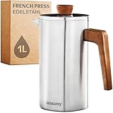 Cosumy French Press aus Edelstahl und FSC Holz - 1 Liter - Doppelwandige Thermo Isolierung - Große Kaffebereiter mit 2 Ersatzfiltern