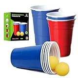 FLORISA 50 Blaue & Rote Plastikbecher Mehrweg + 10 Tischtennisbälle - 473ml / 16oz Amerikanische USA Blue & Red Cups - Wiederverwendbare Trinkbecher Becher Plastik - Partybecher Bunt - Party Zubehör