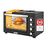 TZS First Austria Mini-Backofen mit Kochplatten | 45 Liter Fassungsvermögen, 3200W, Umluft, max 230°C | Backblech, Drehspieß, Grillrost, Innenbeleuchtung | kompakt für Camping, Wohnheim & Kleinküchen