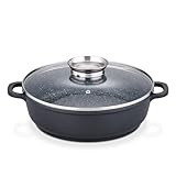 GSW Gourmet Servierpfanne aus Granit mit Aroma Glasdeckel, Pfanne Induktion mit kratzfester Antihaftbeschichtung, Bräter mit Deckel, Bratpfanne 28 cm, Schwarz
