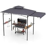 HOMASIS Grillpavillon mit Seitenablage, Pavillon mit Doppeldach, 2 Tischen, Haken und Flaschenöffner, wetterfester Pavillon und Schutz für den Garten, Außengrill (Dunkelgrau, 318x153x250cm)