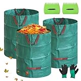 Gemsaya 3x 300L Gartensack, Polypropylen 150GSM groß Gartenabfallsack, Laubsäcke mit Laubharke & Handschuhe, Selbststehend Stabil Laubsack, Faltbar Grünschnittsäcke, Gartensäcke für Gartenabfälle