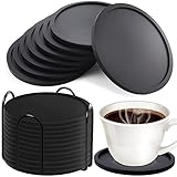 MOOING Silikon Untersetzer Rund für Gläser, 12er Set Hitzebeständig und rutschfest Untersetzer, Ungiftiger Schwarzer Silikon-Untersetzer mit Edelstahlständer für Getränke, Tassen, Glas (Schwarz)
