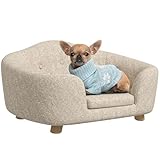 PawHut Haustiersofa Hundematte Hundebett Hundesofa Hundecouch Katzen Sofa mit Kissen Rückentasche Plüsch Schaumstoff Kiefernholz Cremeweiß 70 x 47 x 30 cm