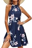 OUGES Sommerkleid Damen Knielang Neckholder Kleid Sommer Blumenmuster Elegant Cocktailkleid